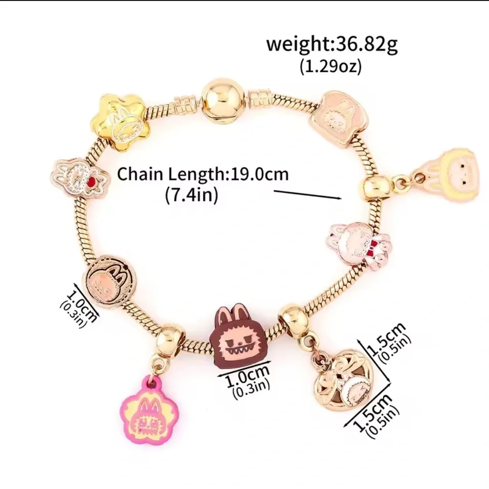 18K Gold Labubu Character Themed Fully Loaded Charm Bracelet Unisex Kawaii Anime - Picture 3 of 12